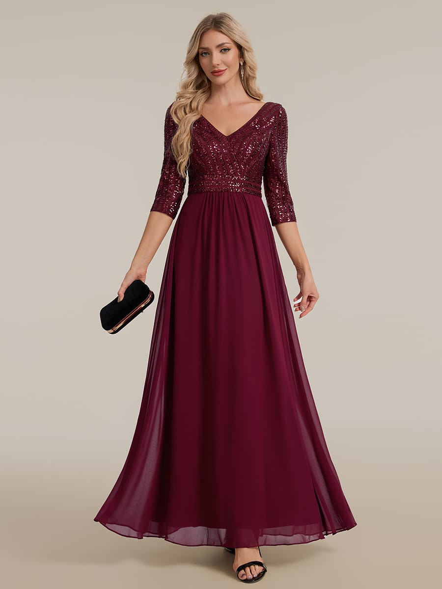 Sexy V Neck A-Line Sequin Evening Dresses with 3/4 Sleeve #color_Burgundy