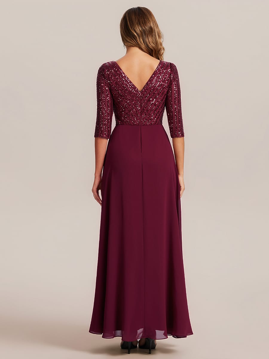 Sexy V Neck A-Line Sequin Evening Dresses with 3/4 Sleeve #color_Burgundy