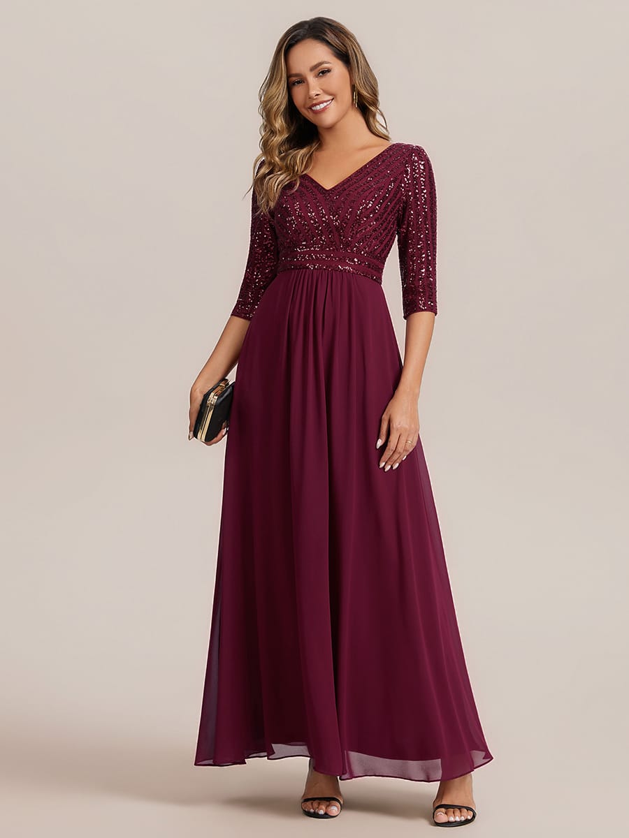 Sexy V Neck A-Line Sequin Evening Dresses with 3/4 Sleeve #color_Burgundy
