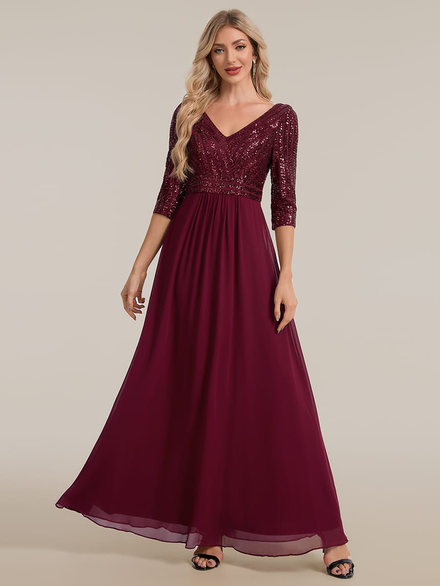 Sexy V Neck A-Line Sequin Evening Dresses with 3/4 Sleeve #color_Burgundy