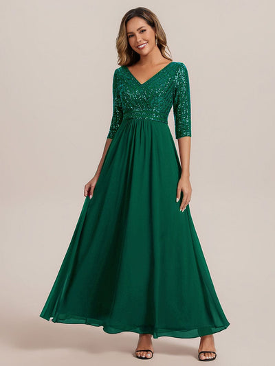Sexy V Neck A-Line Sequin Evening Dresses with 3/4 Sleeve #color_Dark Green