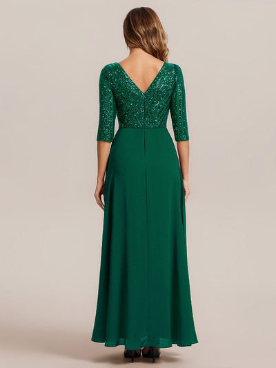 Sexy V Neck A-Line Sequin Evening Dresses with 3/4 Sleeve #color_Dark Green
