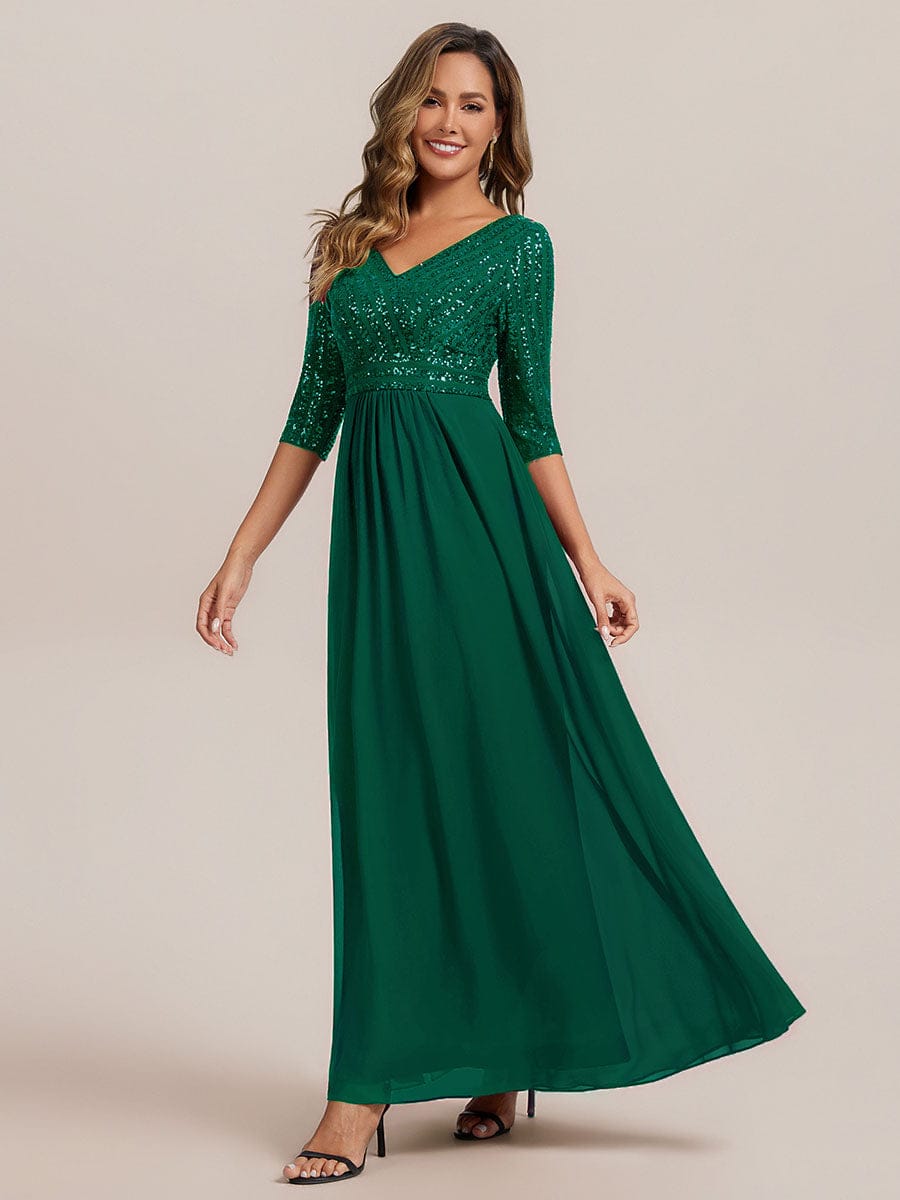 Sexy V Neck A-Line Sequin Evening Dresses with 3/4 Sleeve #color_Dark Green