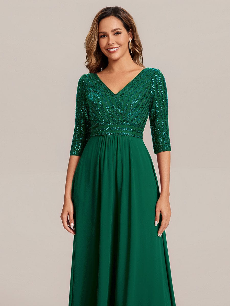 Sexy V Neck A-Line Sequin Evening Dresses with 3/4 Sleeve #color_Dark Green