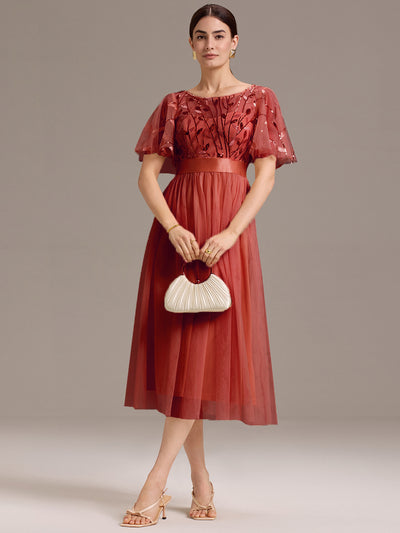 ever TAYLOR|Leaf Sequin Midi Wedding Guest Dress