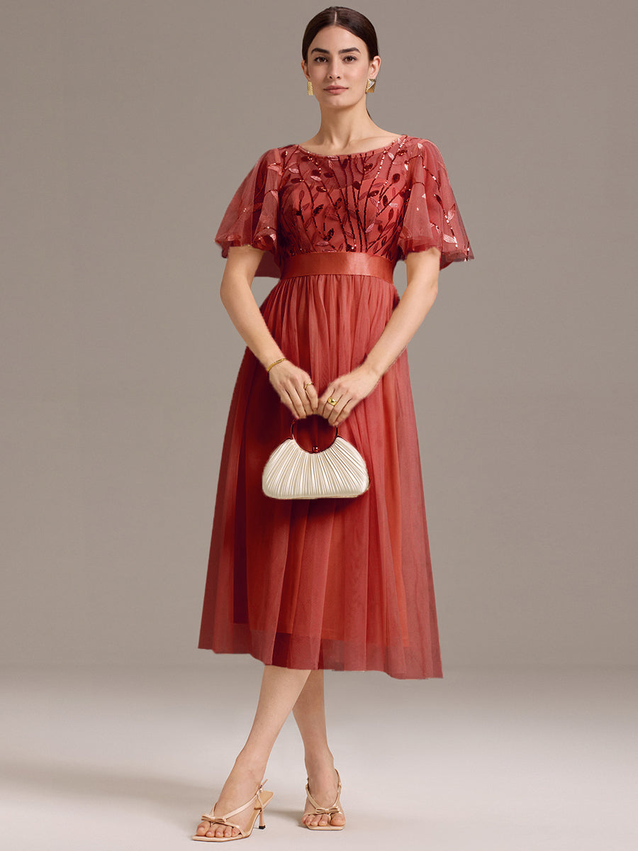 ever TAYLOR|Leaf Sequin Midi Wedding Guest Dress