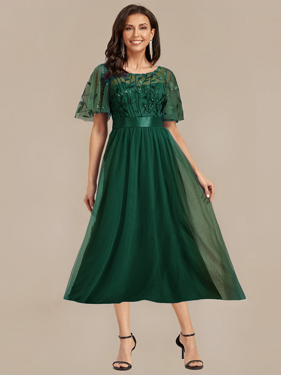 Sequin Leaf Midi Wedding Guest Dress #color_Dark Green