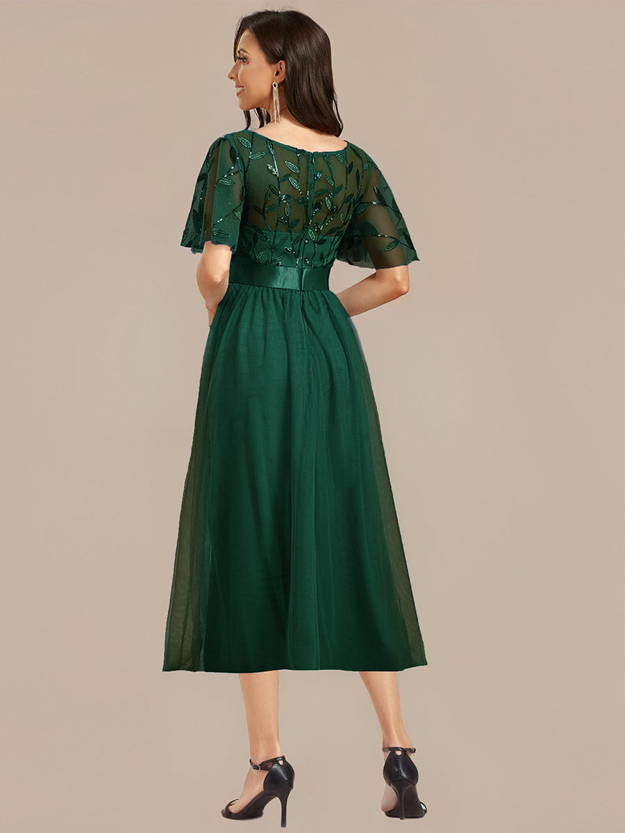 Sequin Leaf Midi Wedding Guest Dress #color_Dark Green