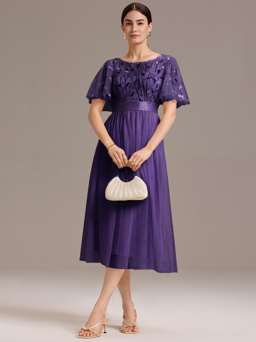 Leaf Sequin Midi Wedding Guest Dress #color_Dark Purple