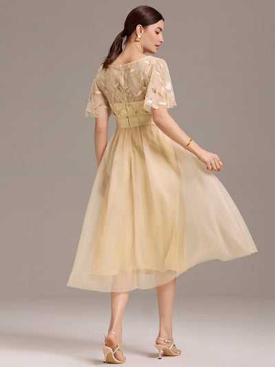 Sequin Leaf Midi Wedding Guest Dress #color_Gold