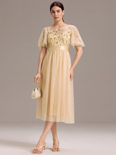 Sequin Leaf Midi Wedding Guest Dress #color_Gold