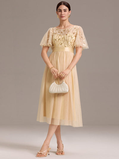 Sequin Leaf Midi Wedding Guest Dress #color_Gold