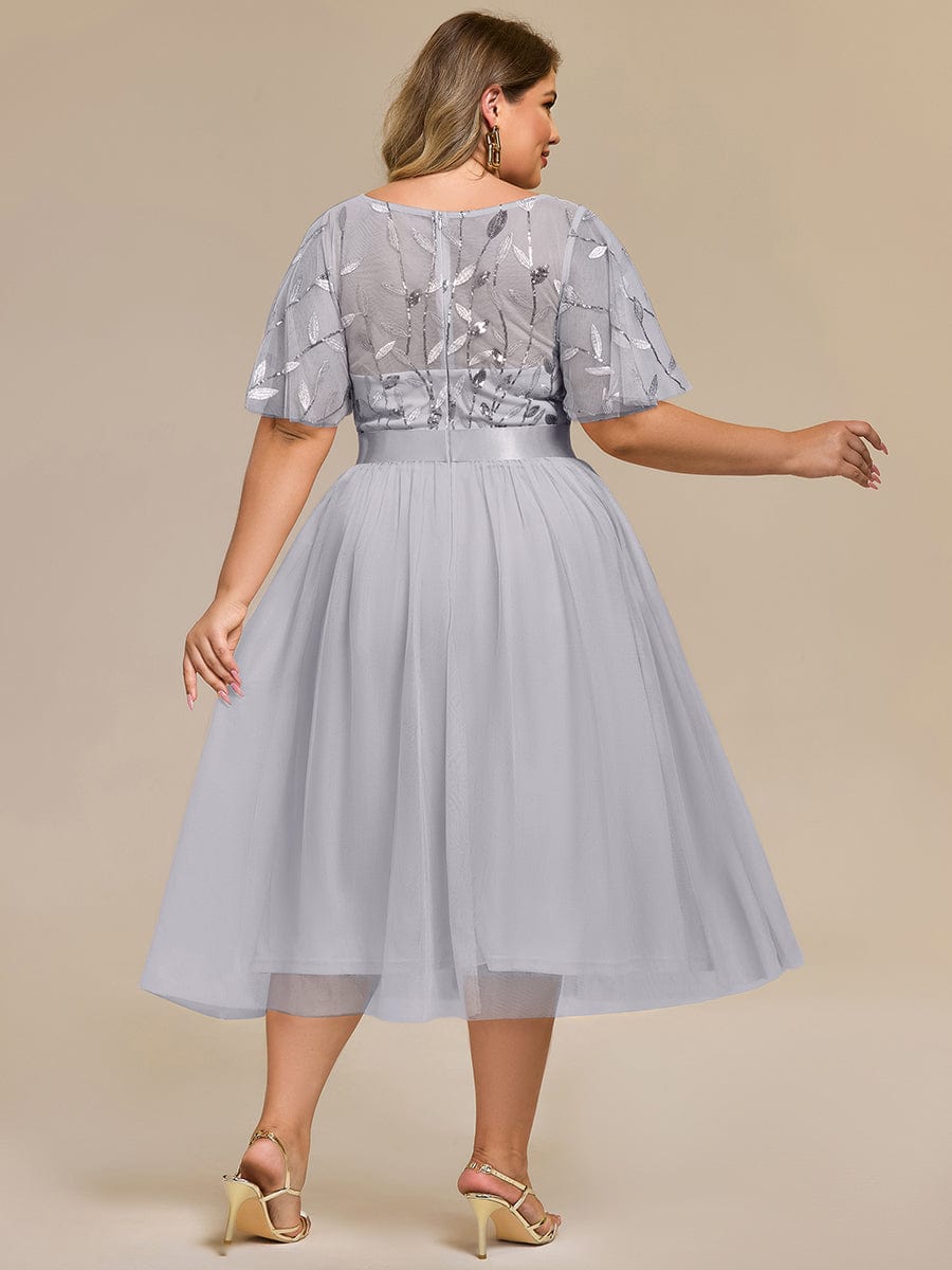 Leaf Sequin Midi Wedding Guest Dress #color_Grey