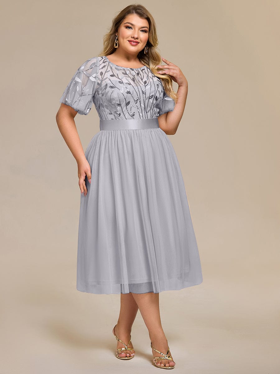 Leaf Sequin Midi Wedding Guest Dress #color_Grey