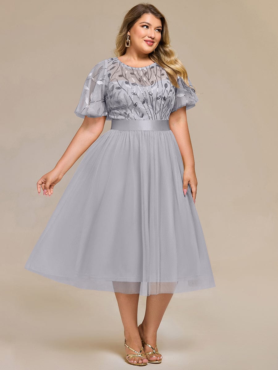 Leaf Sequin Midi Wedding Guest Dress #color_Grey