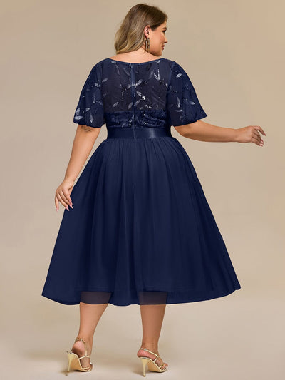Sequin Leaf Midi Wedding Guest Dress #color_Navy Blue