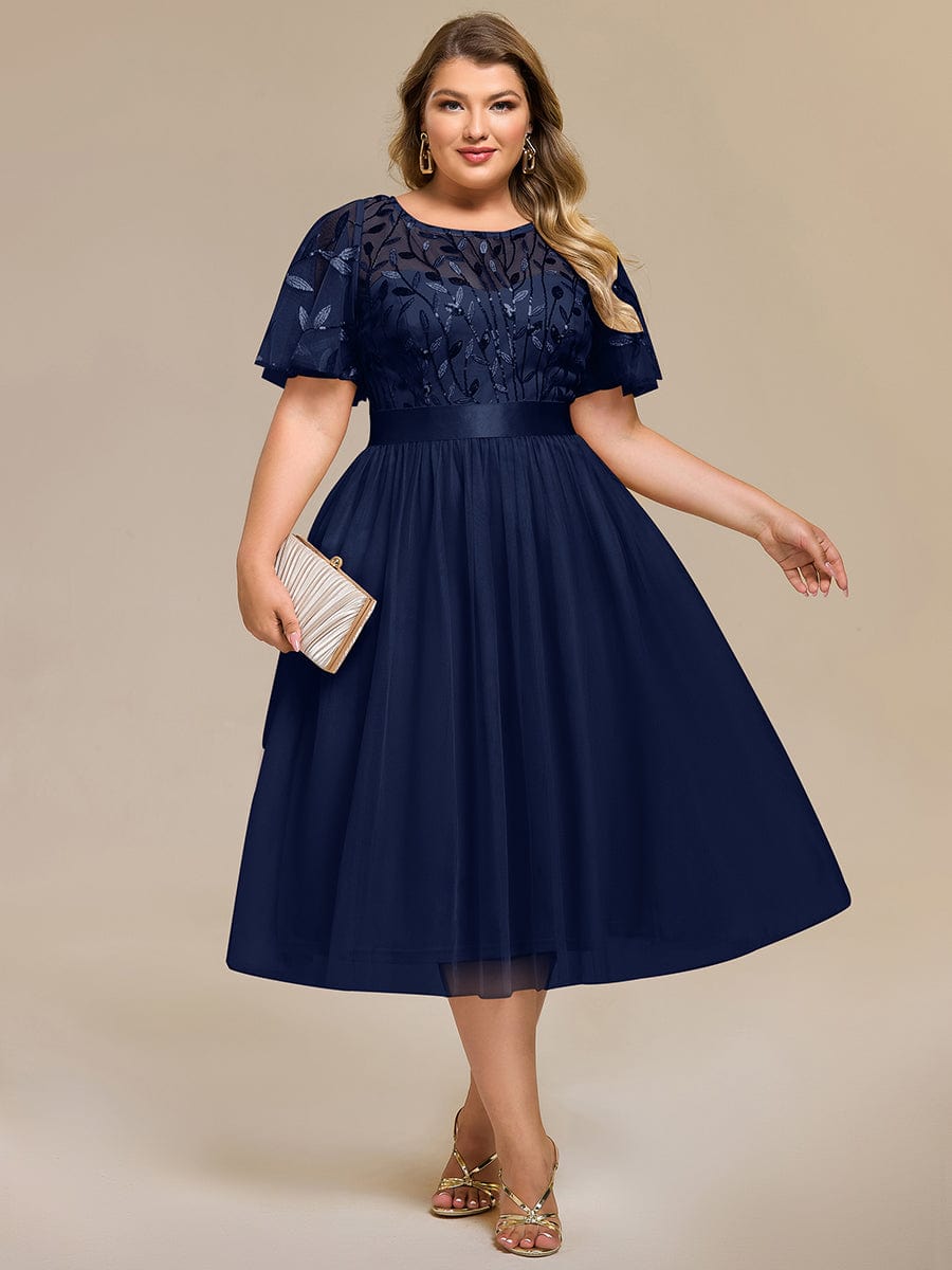 Sequin Leaf Midi Wedding Guest Dress #color_Navy Blue