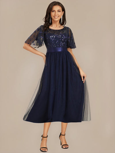 Sequin Leaf Midi Wedding Guest Dress #color_Navy Blue