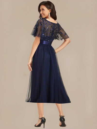 Sequin Leaf Midi Wedding Guest Dress #color_Navy Blue