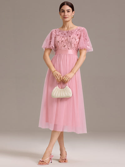 Leaf Sequin Midi Wedding Guest Dress #color_Pink