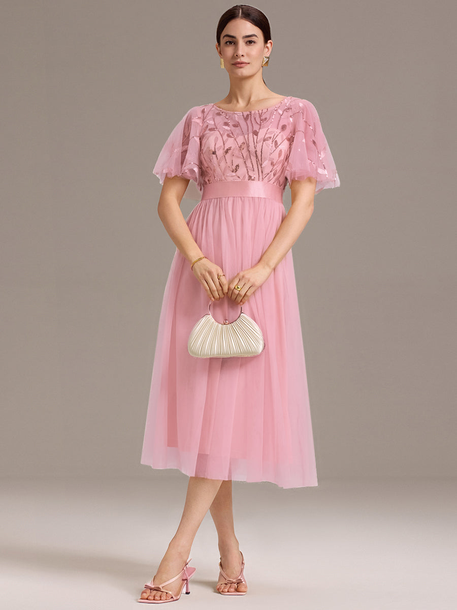 Leaf Sequin Midi Wedding Guest Dress #color_Pink