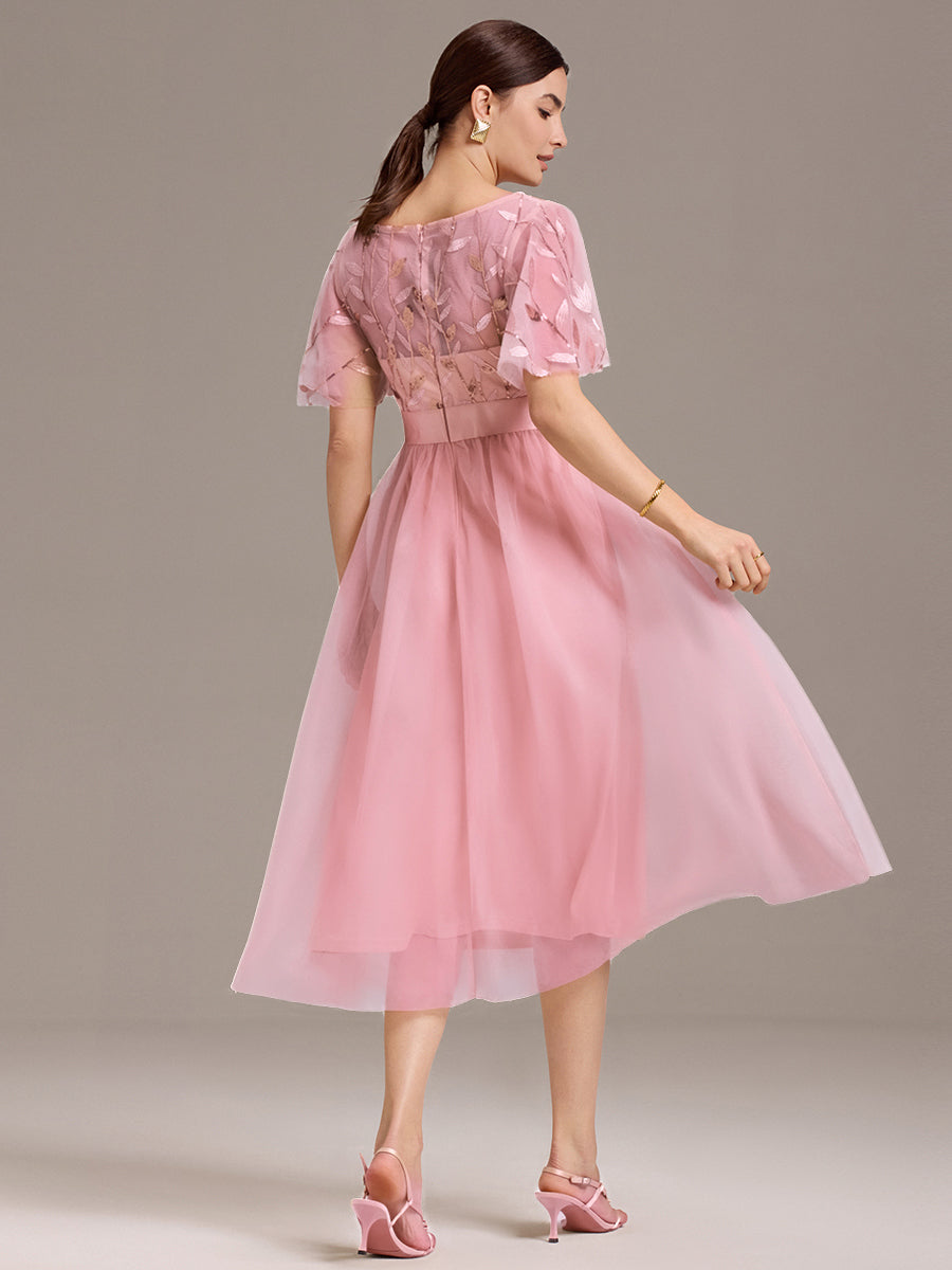 Leaf Sequin Midi Wedding Guest Dress #color_Pink