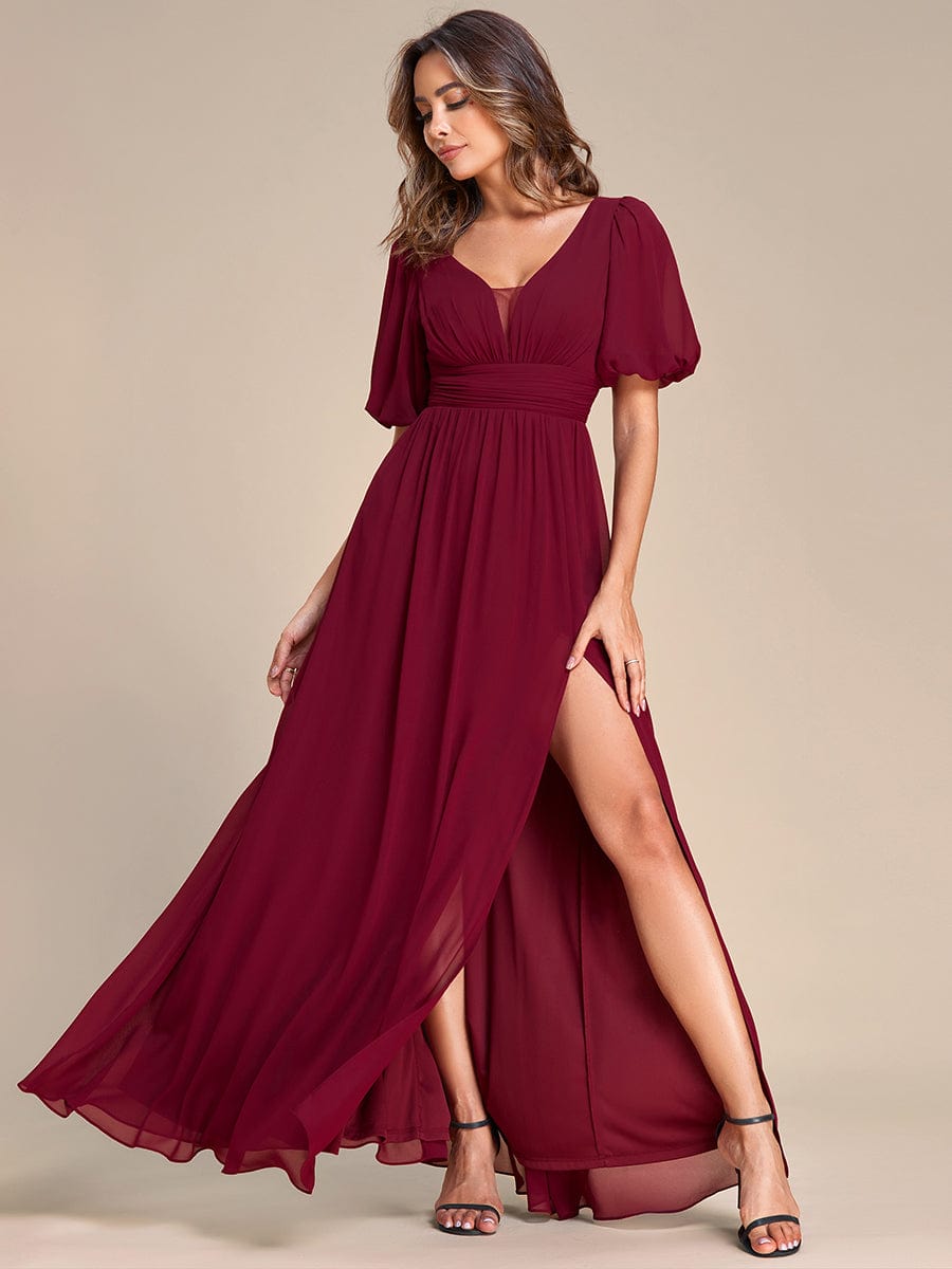 Short Sleeve V-Neck Front Slit Chiffon Evening Dress #Color_Burgundy
