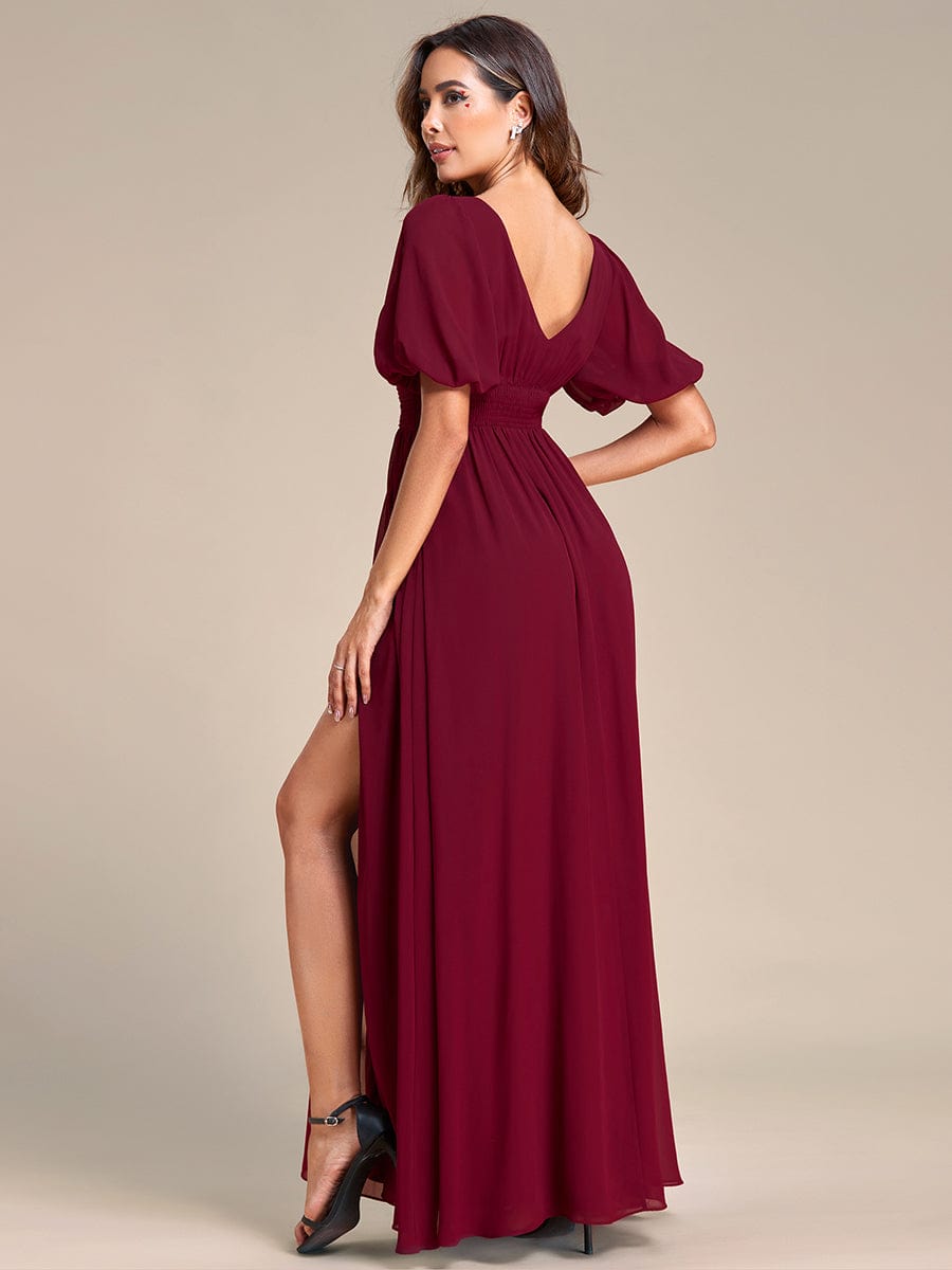 Short Sleeve V-Neck Front Slit Chiffon Evening Dress #Color_Burgundy