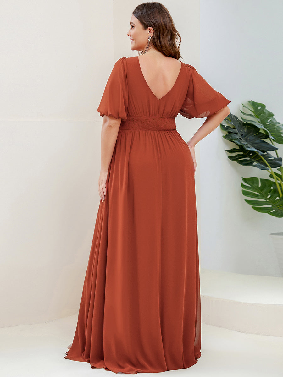 Short Sleeve V-Neck Front Slit Chiffon Evening Dress #color_Burnt Orange