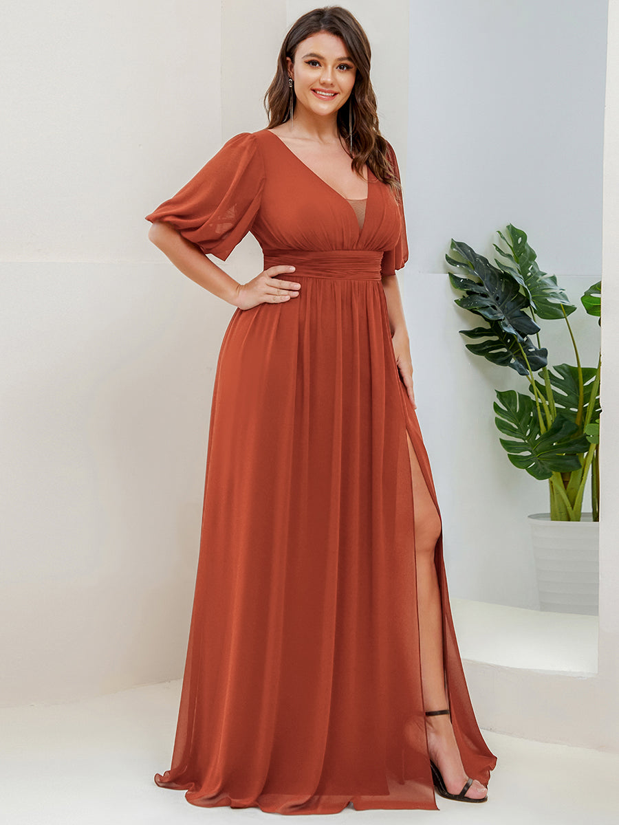 Short Sleeve V-Neck Front Slit Chiffon Evening Dress #color_Burnt Orange