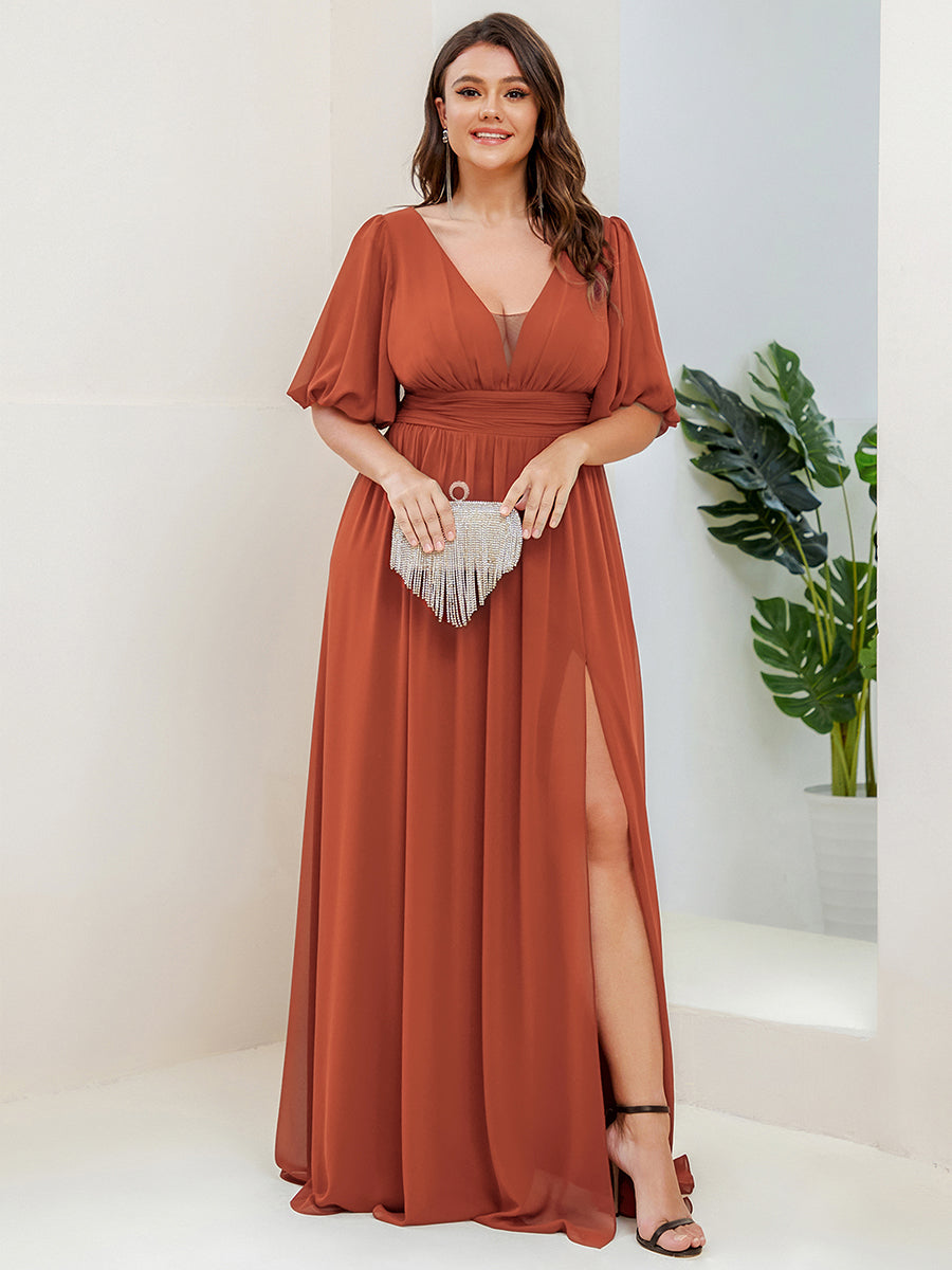 Short Sleeve V-Neck Front Slit Chiffon Evening Dress #color_Burnt Orange
