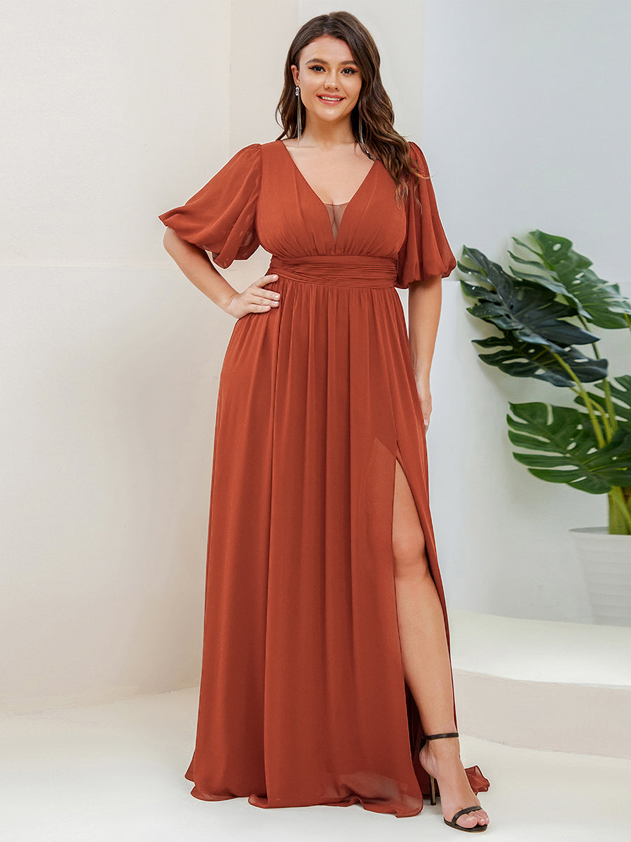 Short Sleeve V-Neck Front Slit Chiffon Evening Dress #color_Burnt Orange