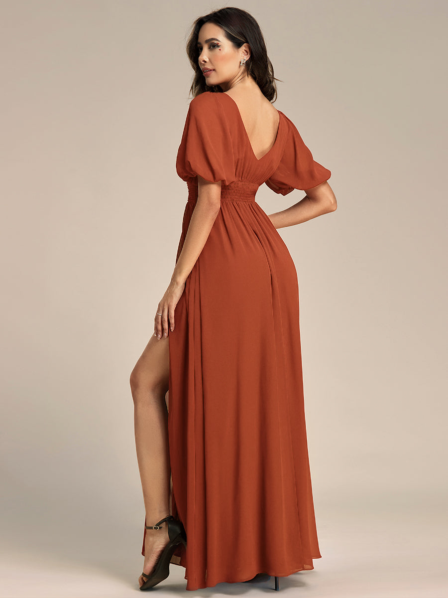 Short Sleeve V-Neck Front Slit Chiffon Evening Dress #color_Burnt Orange