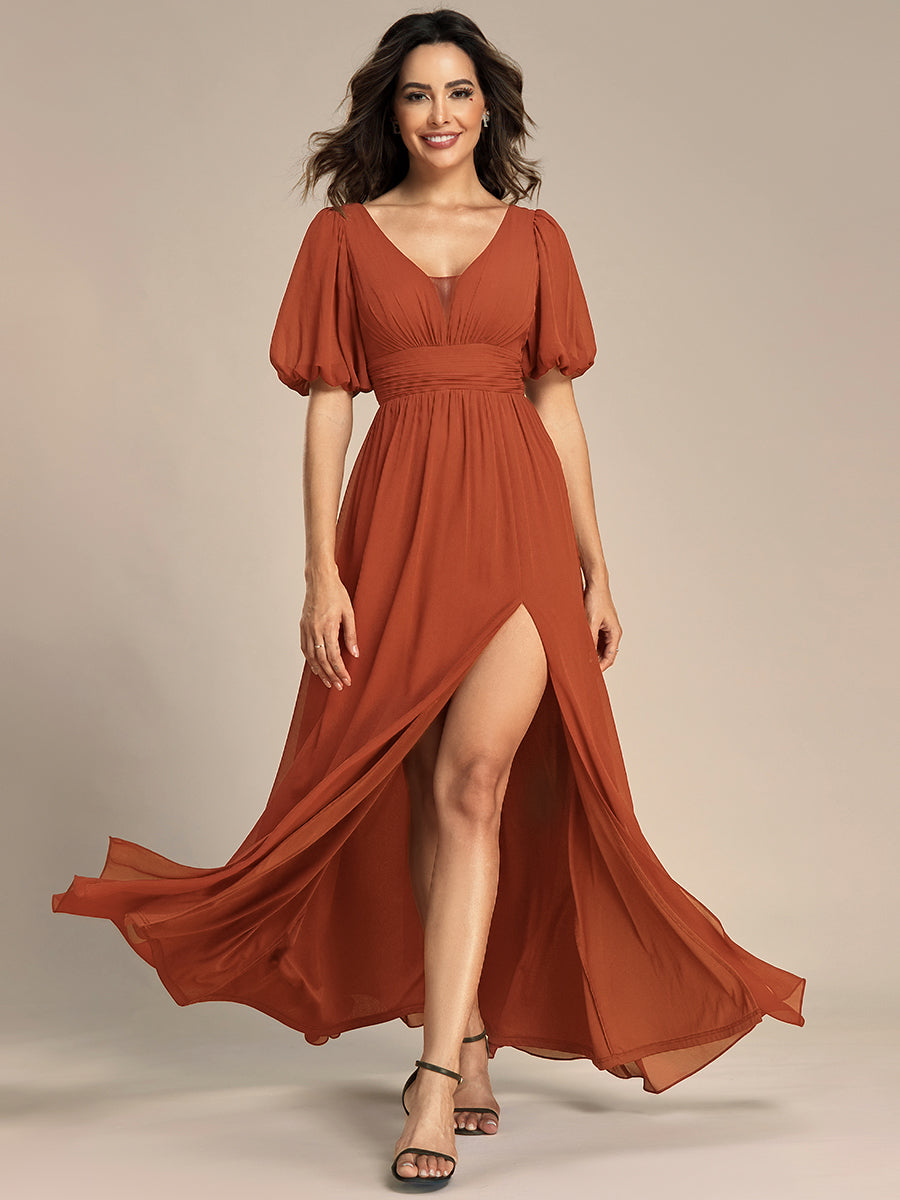 Short Sleeve V-Neck Front Slit Chiffon Evening Dress #color_Burnt Orange