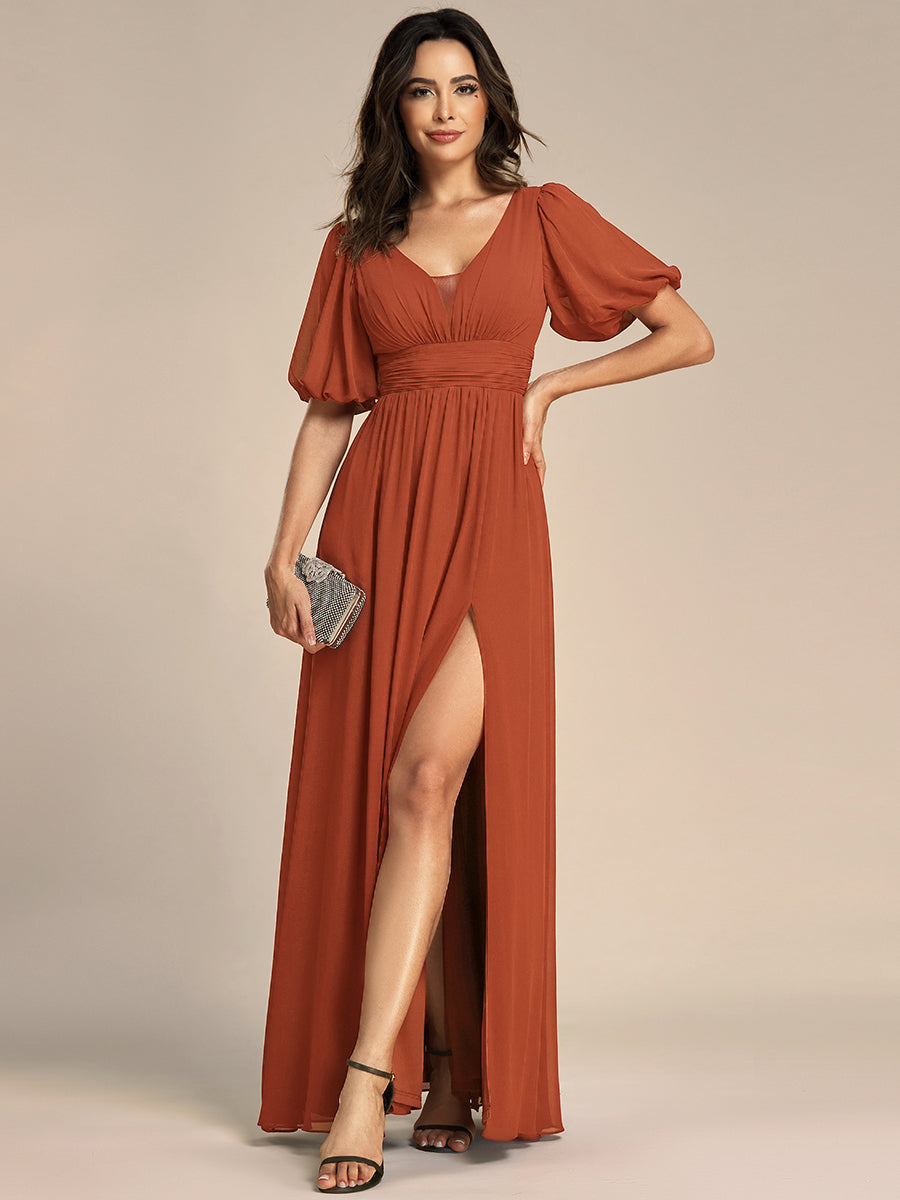 Short Sleeve V-Neck Front Slit Chiffon Evening Dress #color_Burnt Orange
