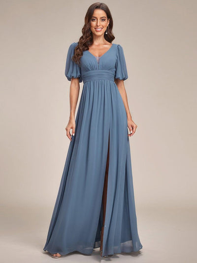 Short Sleeve V-Neck Front Slit Chiffon Evening Dress #color_Dusty Blue