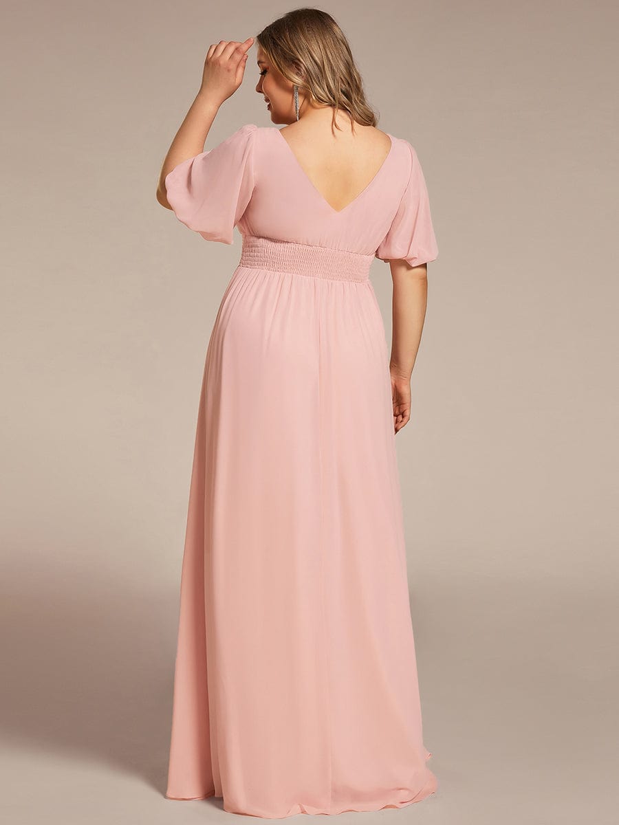 Short Sleeve V-Neck Front Slit Chiffon Evening Dress #Color_Pink