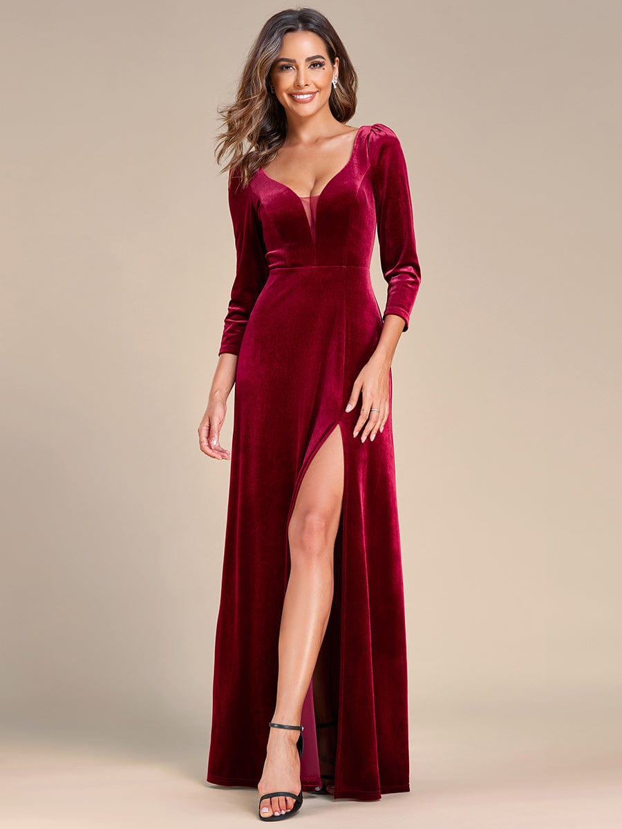 Velvet Plunging V-Neck Front Slit 3/4 Sleeve A-Line Evening Dress #Color_Burgundy