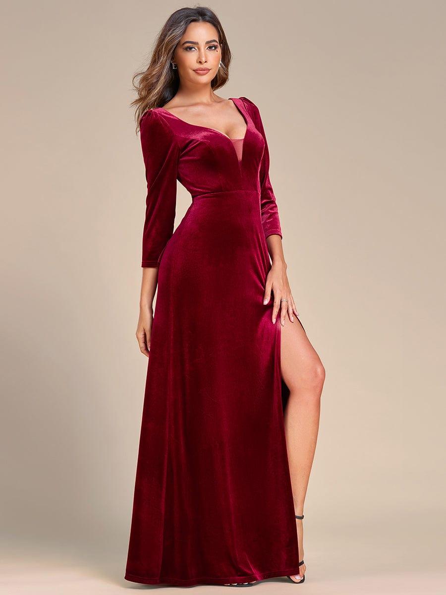 Velvet Plunging V-Neck Front Slit 3/4 Sleeve A-Line Evening Dress #Color_Burgundy