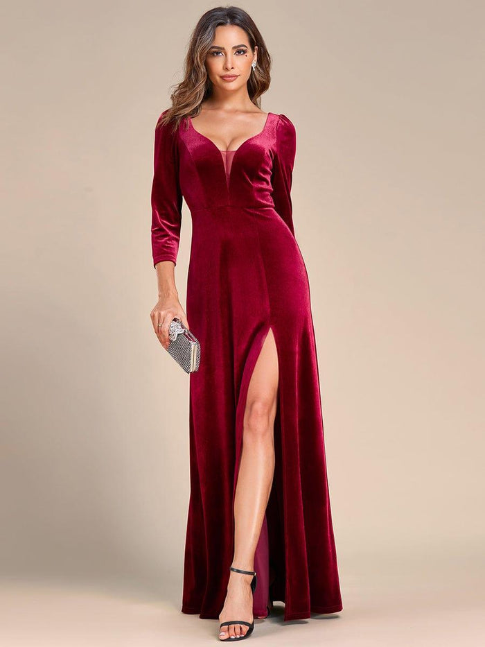 Pleated V-neck 3/4 Sleeves Ruffle A-Line Dress With Slit Daffodil main image 1