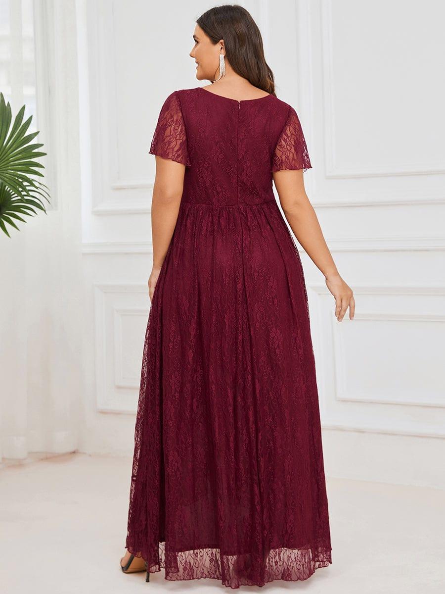 V-Neck Short Sleeve Pleated Ruffled Lace Wedding Guest Dress #Color_Burgundy