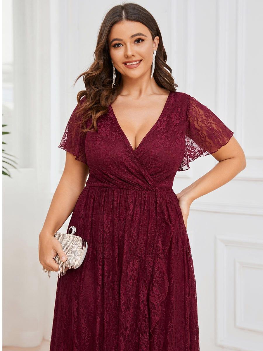 V-Neck Short Sleeve Pleated Ruffled Lace Wedding Guest Dress #Color_Burgundy