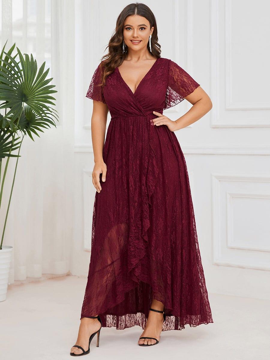 V-Neck Short Sleeve Pleated Ruffled Lace Wedding Guest Dress #Color_Burgundy