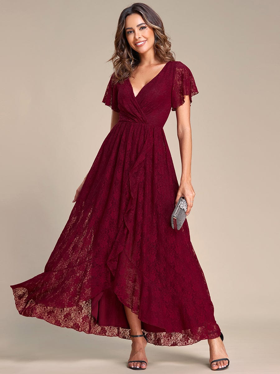V-Neck Short Sleeve Pleated Ruffled Lace Evening Dress #Color_Burgundy