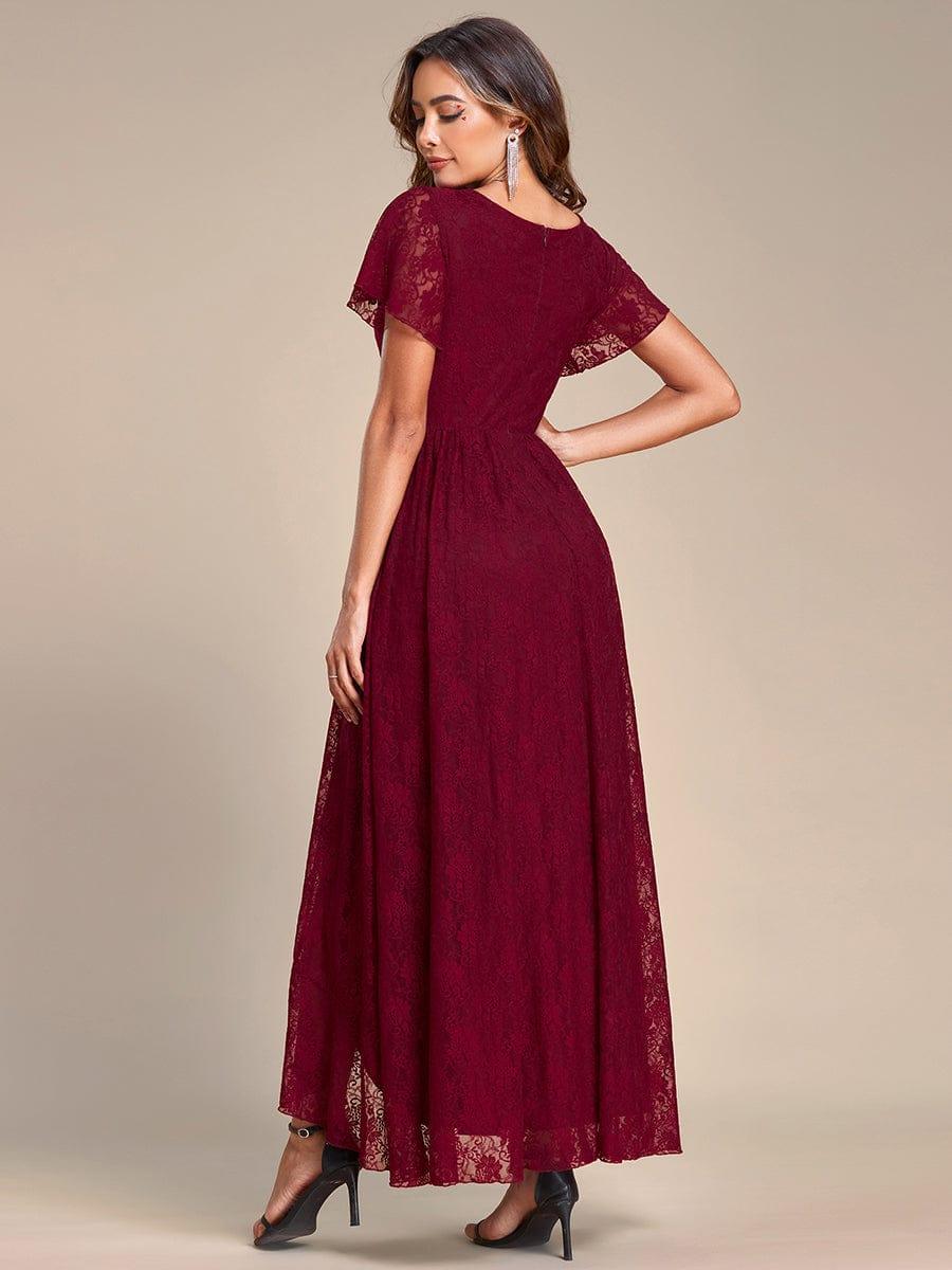 V-Neck Short Sleeve Pleated Ruffled Lace Wedding Guest Dress #Color_Burgundy