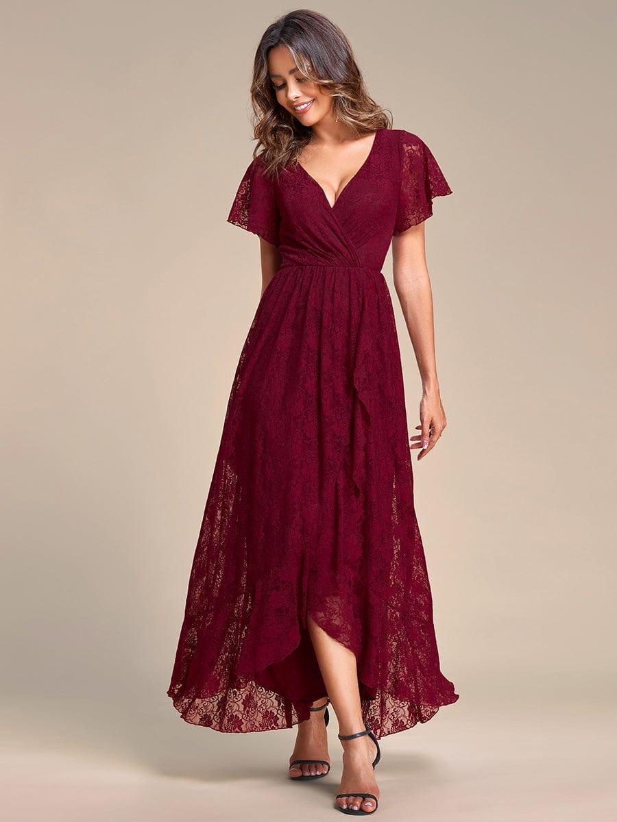 V-Neck Short Sleeve Pleated Ruffled Lace Wedding Guest Dress #Color_Burgundy