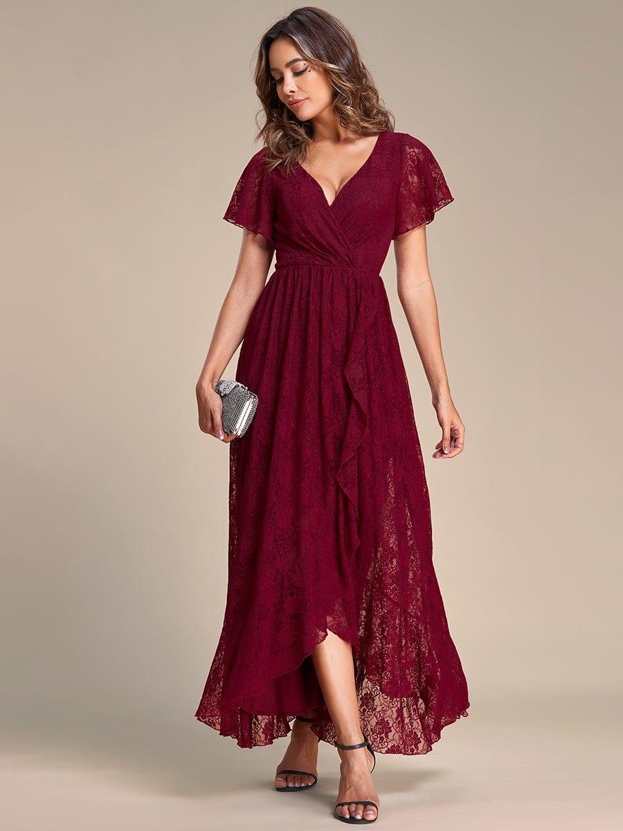 V-Neck Short Sleeve Pleated Ruffled Lace Wedding Guest Dress #Color_Burgundy