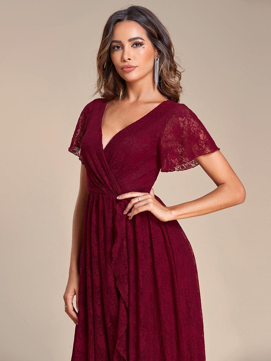 V-Neck Short Sleeve Pleated Ruffled Lace Wedding Guest Dress #Color_Burgundy