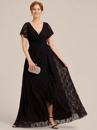 V-Neck Short Sleeve Pleated Ruffled Lace Evening Dress #color_Black