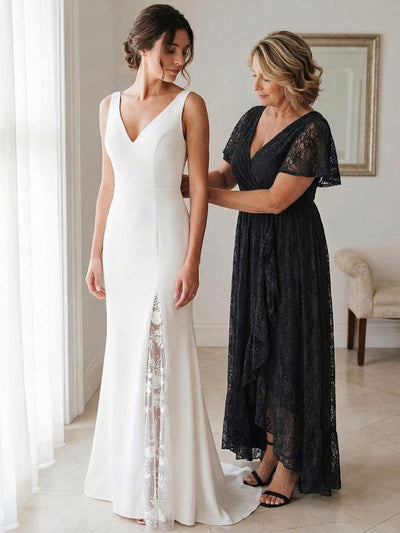 V-Neck Short Sleeve Pleated Ruffled Lace Evening Dress #color_Black